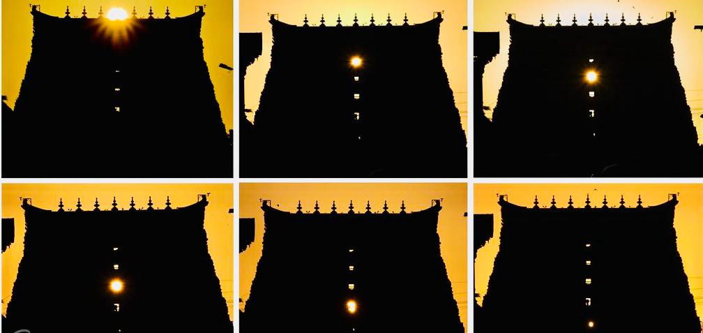 Sree Padmanabhaswamy Temple - Sun passing through the Gopuram of the temple on the day of Autumnal Equinox